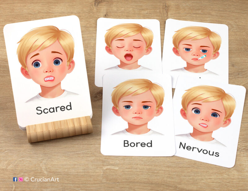 Emotions and Feelings Unit Flashcards featuring images of Scared, Bored, Nervous, Tired, and Sick boy face. Version for blond boys with fair hair and skin.
