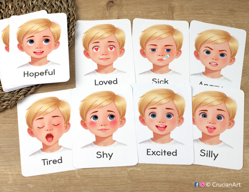 Feelings and Emotions Flashcards featuring Excited, Loved, Shy, Tired, Hopeful, Angry, Sick, Silly boy facial expression laid out for studying. Version for blond boys with fair hair and skin.