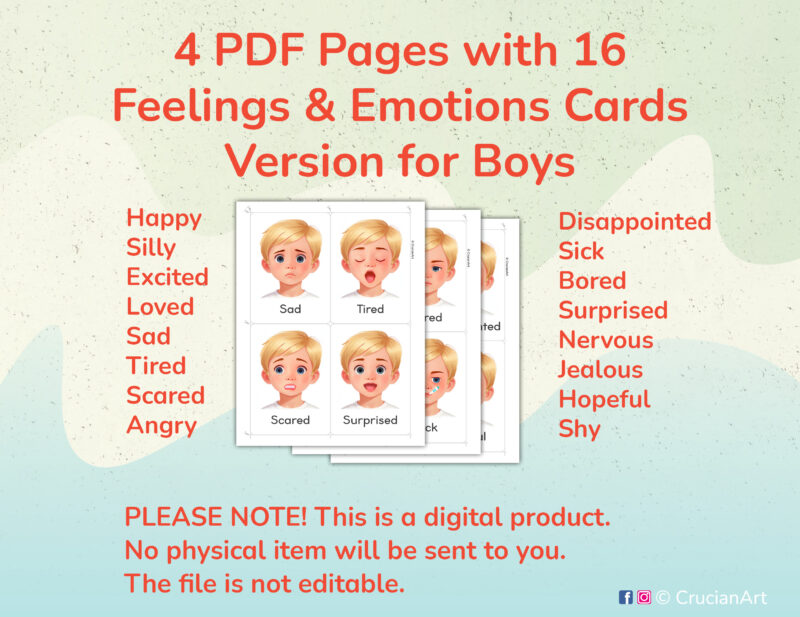 Printable Emotions and Feelings Flashcards for blond boys with fair hair and skin