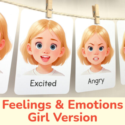Excited and Angry flashcards hanging on twine with small wooden clothespins. Blonde Girl Emotions and Feelings theme classroom resources.