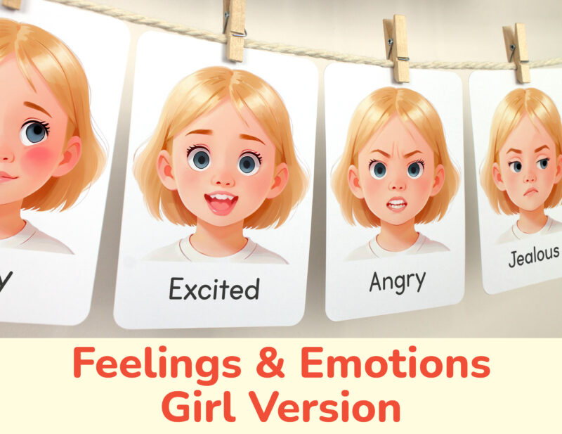 Excited and Angry flashcards hanging on twine with small wooden clothespins. Blonde Girl Emotions and Feelings theme classroom resources.