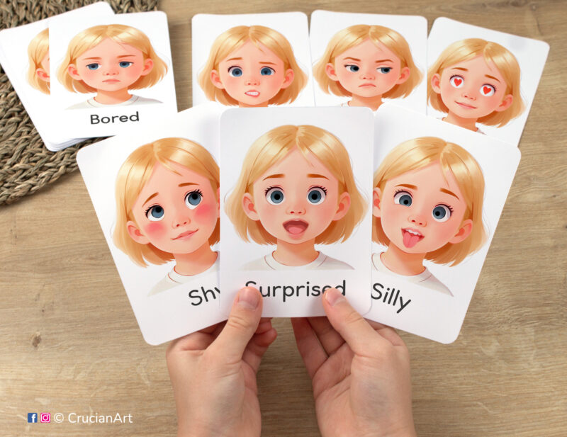 Flashcards featuring girly watercolor illustrations of Surprised, Shy, and Silly emotions and feelings in toddler hands. Version for blonde girls with fair hair and skin.