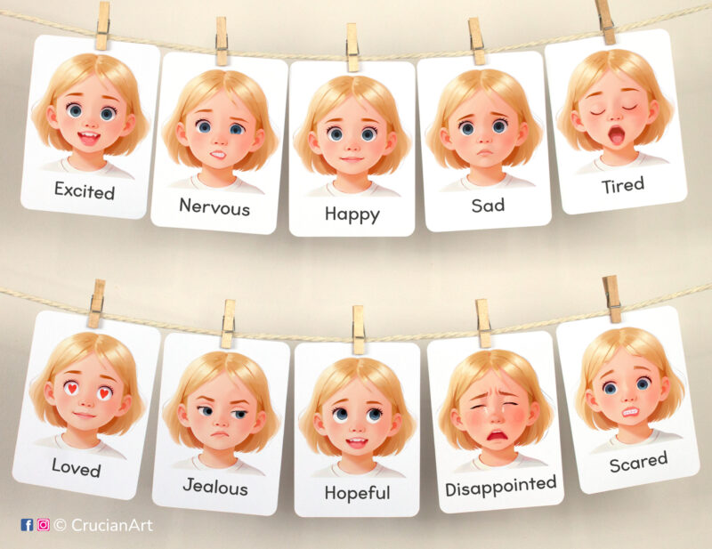 Set of Emotions and Feelings flashcards used as class or homeschool wall decor. Flash cards hang on twine with small wooden clothespins. Visual cards version for blonde girls with fair hair and skin.