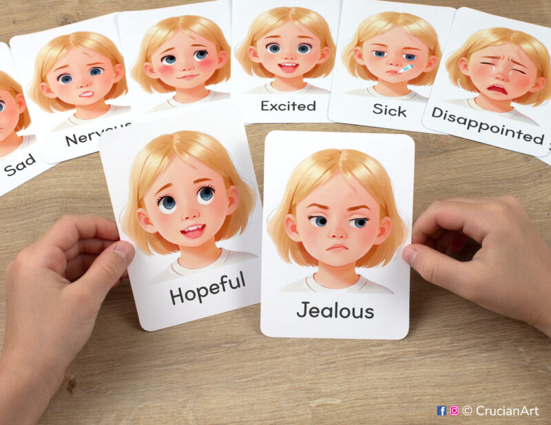 Watercolor illustrations of Jealous and Hopeful Emotions flashcards in kindergartener hands. Emotions and Feelings set of visual cards for blonde girls with fair hair and skin.