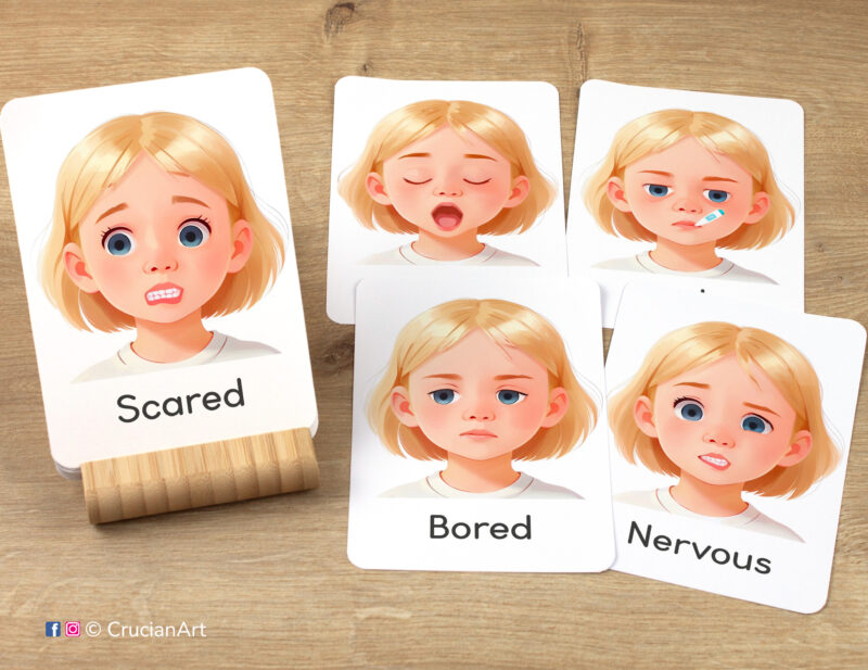 Emotions and Feelings Unit Flashcards featuring images of Scared, Bored, Nervous, Tired, and Sick girl face. Version for blonde girls with fair hair and skin.