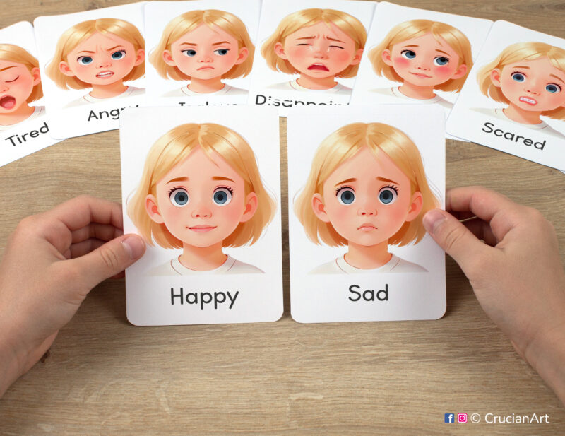 Happy and Sad faces watercolor flashcards in child hands. Feelings and Emotions unit educational printables. Version for blonde girls with fair hair and skin.