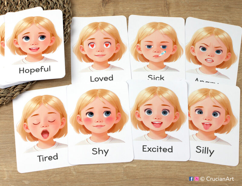 Feelings and Emotions Flashcards featuring Excited, Loved, Shy, Tired, Hopeful, Angry, Sick, Silly girl facial expression laid out for studying. Version for blonde girls with fair hair and skin.