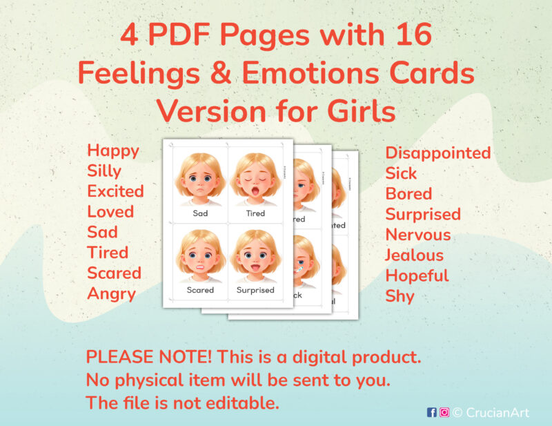 Printable Emotions and Feelings Flashcards for blonde girls with fair hair and skin