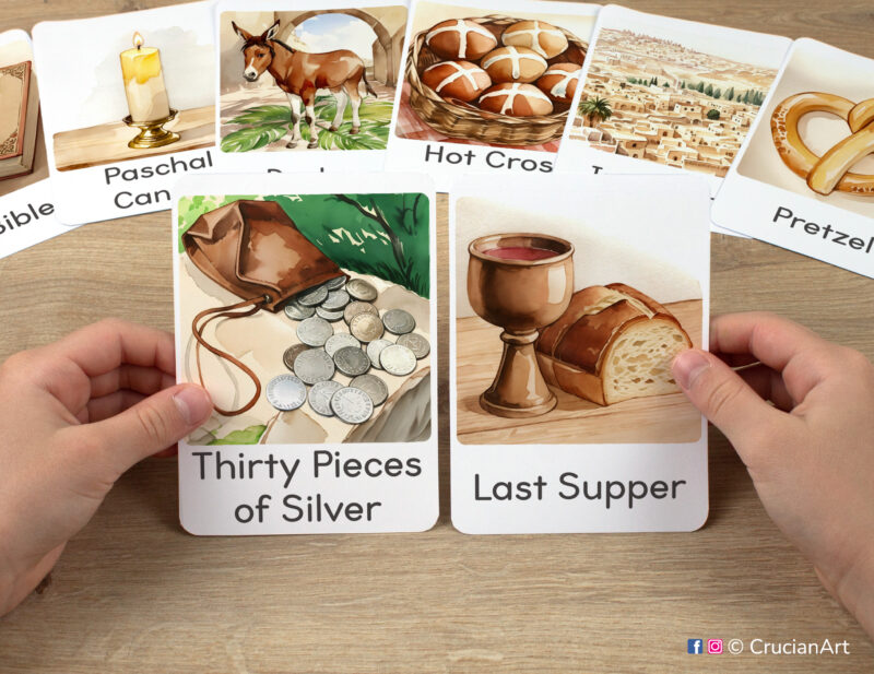 Thirty Pieces of Silver and Last Supper with bread and wine flashcards in child's hands