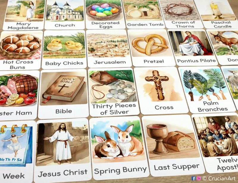 Set of Easter Holiday flashcards laid out on the table for learning activity