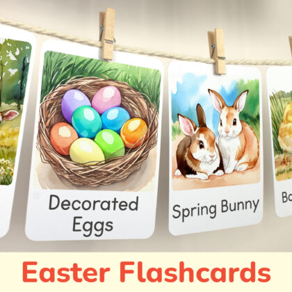 Easter Eggs and Easter Bunny flashcards hanging on twine with small wooden clothespins.