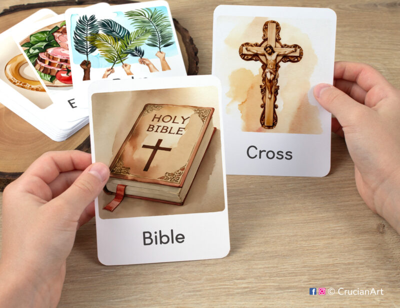 Watercolor illustrations of The Bible and The Cross flashcards in kindergartener's hands