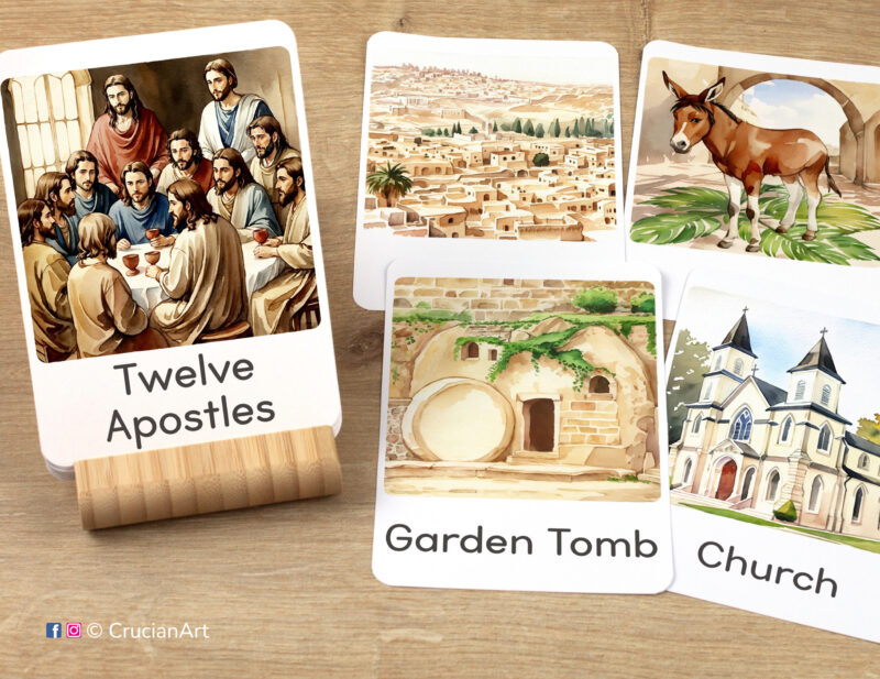 Easter Holiday Unit Flashcards featuring images of Jerusalem, The Garden Tomb, Twelve Apostles and Christian Church, ready for educational activity