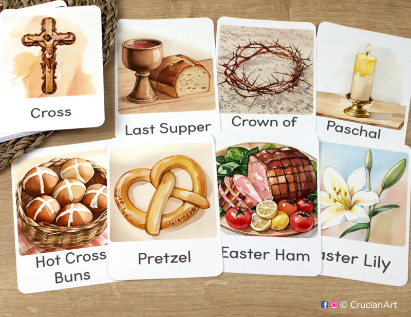 Easter Holiday Unit Flashcards featuring Pretzel, Easter Lily, Hot Cross Buns, Easter Ham, Crown of Thorns, Paschal Candle laid out for studying