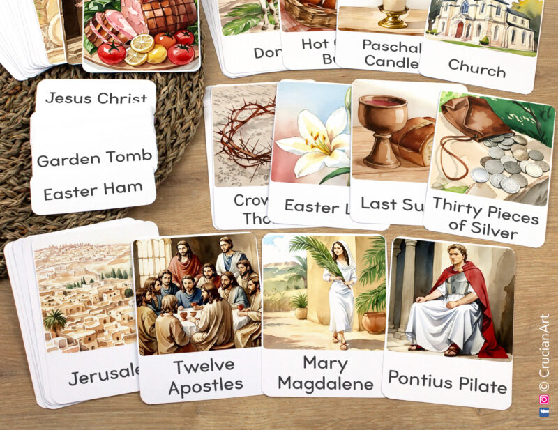 Easter Holiday Unit Flashcards featuring Pontius Pilate, Mary Magdalene, Twelve Apostles, Jerusalem, Thirty Pieces of Silver, Easter Lily, Last Supper, Crown of Thorns laid out for studying