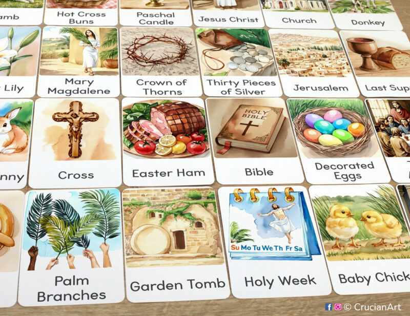 Set of Easter flashcards laid out on the table for learning activity: Garden Tomb, Holy Week, Bible, Easter Eggs, Easter Chicks, Palm Branches, Jerusalem, Cross, Mary Magdalene, Crown of Thorns, Thirty Pieces of Silver, and Easter Ham