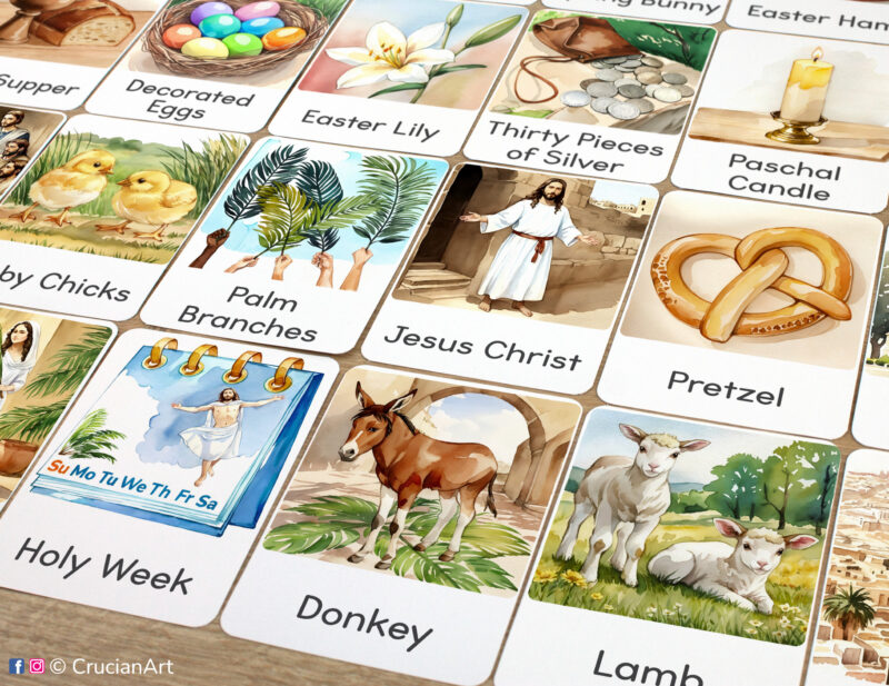 Set of printed Easter theme three-part cards with watercolor illustrations of Jesus Christ, Holy Week, Pretzel, Palm Branches, Donkey, Lamb and Decorated Eggs