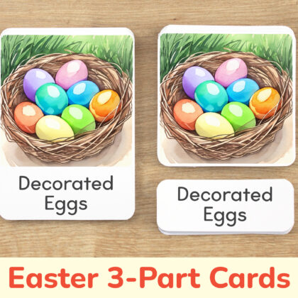 Decorated Eggs three part cards set: flashcard, watercolor visual card, and label with matching word. Easter holiday printable educational resource for Spring curriculum.