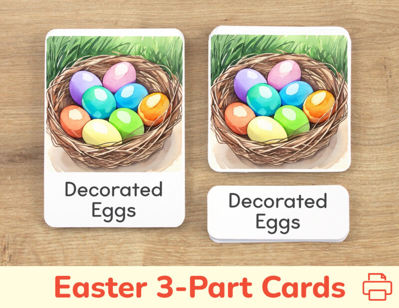 Decorated Eggs three part cards set: flashcard, watercolor visual card, and label with matching word. Easter holiday printable educational resource for Spring curriculum.