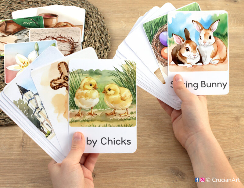 Easter Chicks and Easter Bunny watercolor flashcards in child hands. Spring Season unit educational printables.