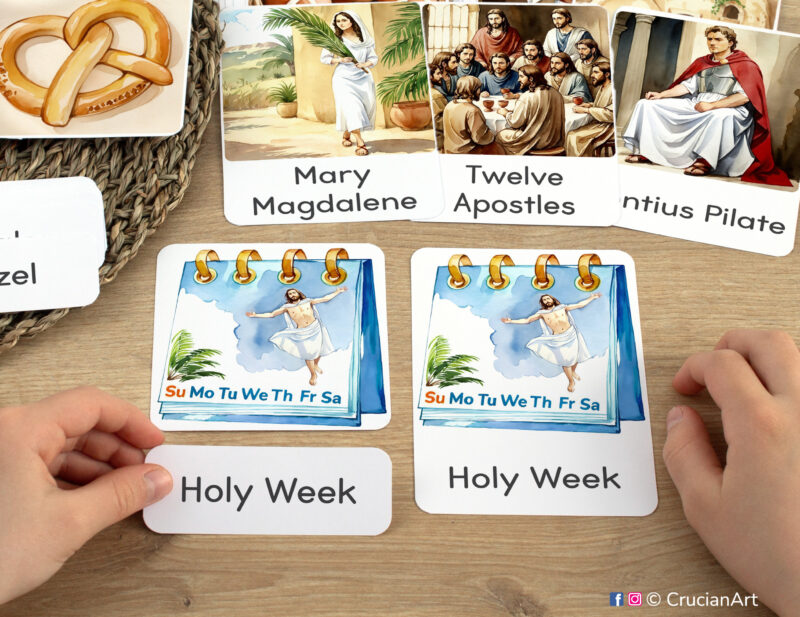 Three-part cards in practice: toddler pairing word labels with corresponding image cards. Easter-themed printable materials for holiday week and spring unit classroom activities.