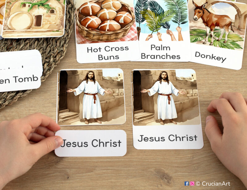 Three part cards in use: preschooler matching a word label to an image card of Jesus Christ. Easter printables for Spring curriculum classroom resources.