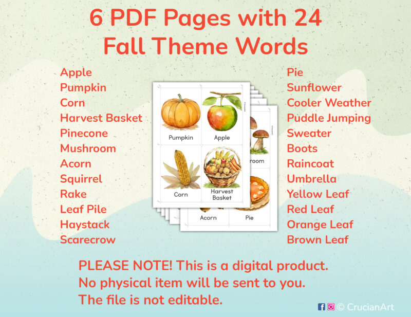 Printable Fall Season Flashcards for Preschool and Kindergarten Autumn Unit Activities.