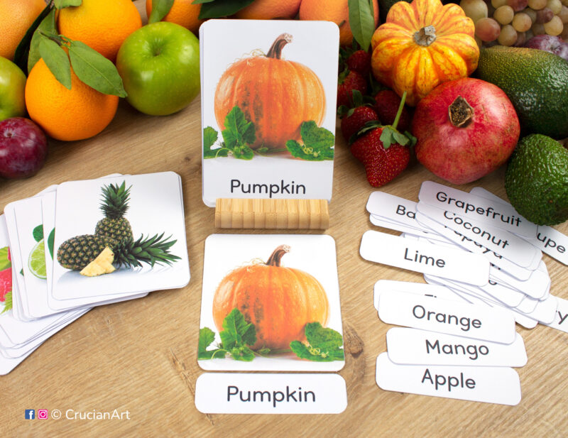 Three part cards with photographic pictures of fruits and berries. Printable DIY preschool and kindergarten educational resource. Printables for teachers.