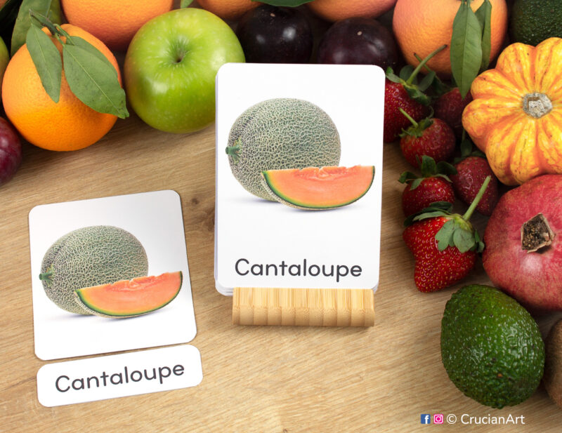 Real photo different Types of Fruits three-part cards: flashcards, word cards, and photographic picture cards. Set of healthy food sight words for preschool and kindergarten literacy activities.