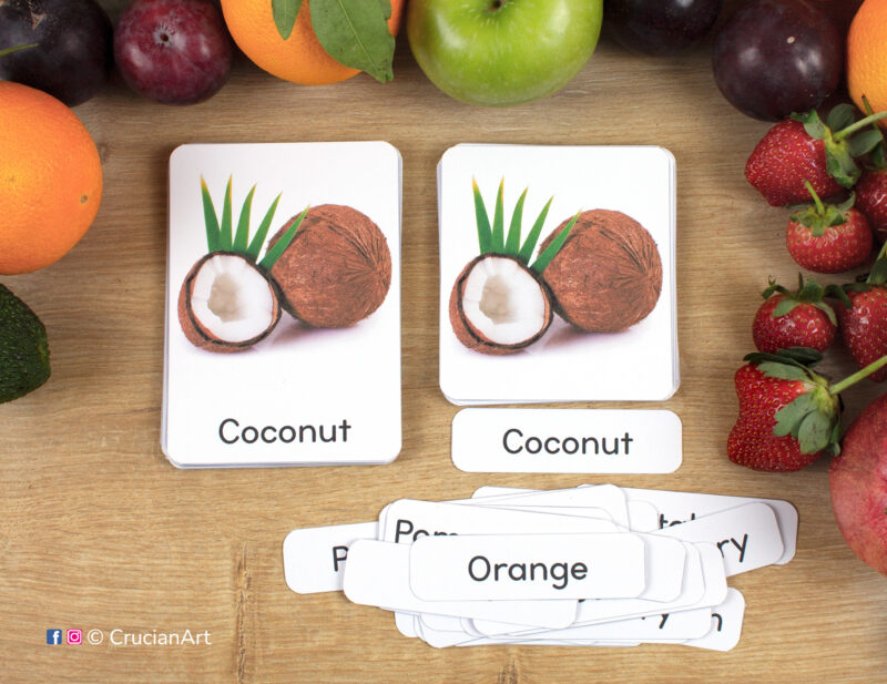 Fruits and Berries theme 3-part cards homeschool printables. DIY preschool and kindergarten classroom resources for Healthy Food unit. Coconut photographic picture cards, word card and control card.