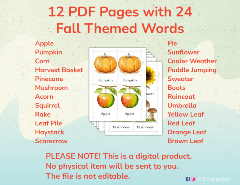 Printable Autumn Season three part cards for preschool and kindergarten Fall Unit activities