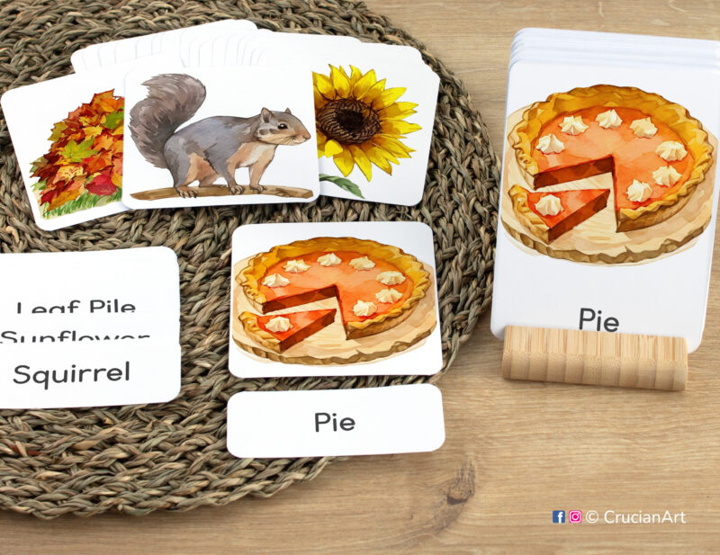 Fall Season early reading activity using three-part cards: pumpkin pie flashcard, word card, and picture card. Set of Harvest Time themed sight words for autumn literacy activities.