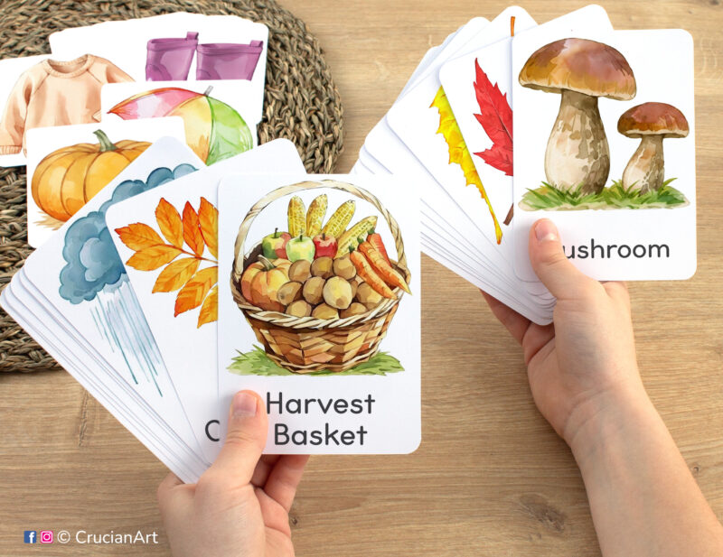 Harvest Basket and Mushrooms watercolor flashcards in child hands. Fall Season unit educational printables.