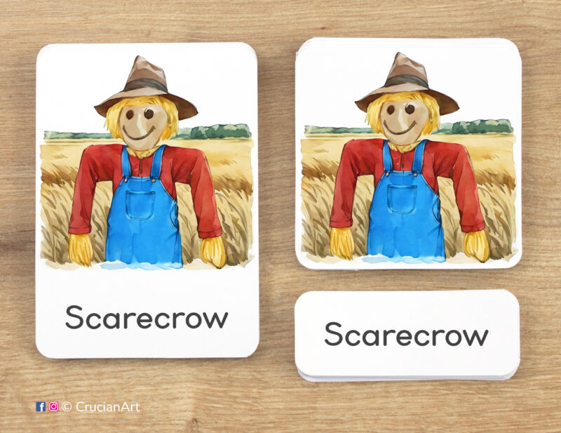Scarecrow three part cards set: flashcard, watercolor visual card, and label with matching word. Fall Season printable educational resource for autumn curriculum.