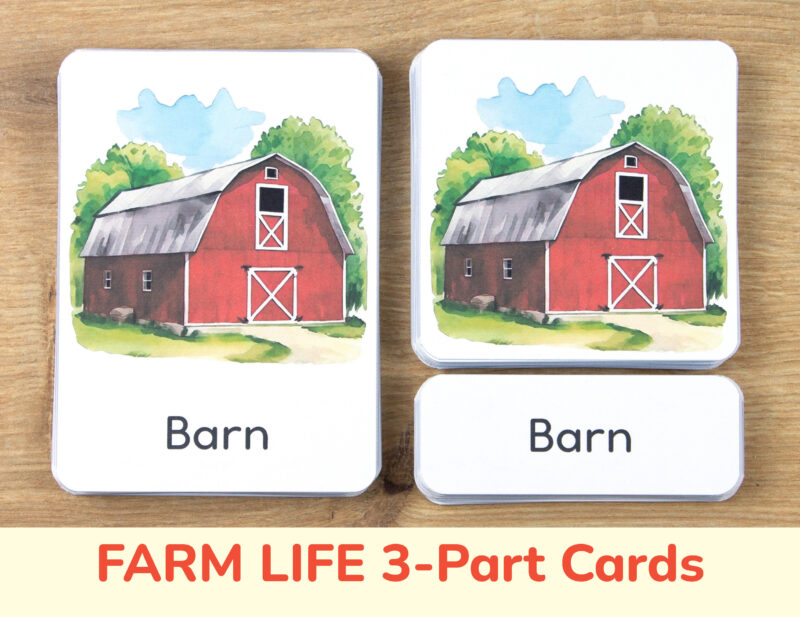 On the Farm three part cards set: Red Barn flashcard, watercolor visual card, and label with matching word. Country Life printable educational resource for fall preschool curriculum.