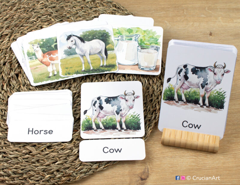 Farmyard and Barnyard early reading activity using three-part cards: Cow flashcard, word card, and picture card. Set of Farm Animals sight words for autumn literacy activities. Printable materials for fall preschool curriculum.