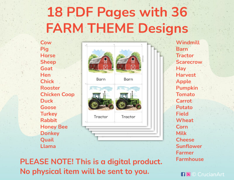 Printable On the Farm three part cards for preschool and kindergarten Farm Animals study unit activities