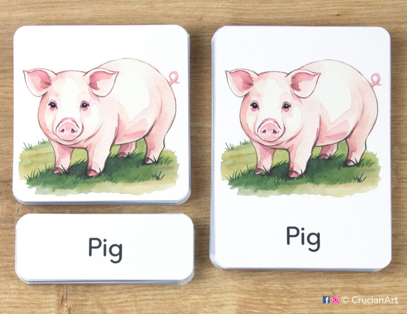 Farm Animals theme 3-part cards homeschool printables. DIY educational resources for On the Farm fall season preschool and kindergarten curriculum. Pig picture card, word card and control card.