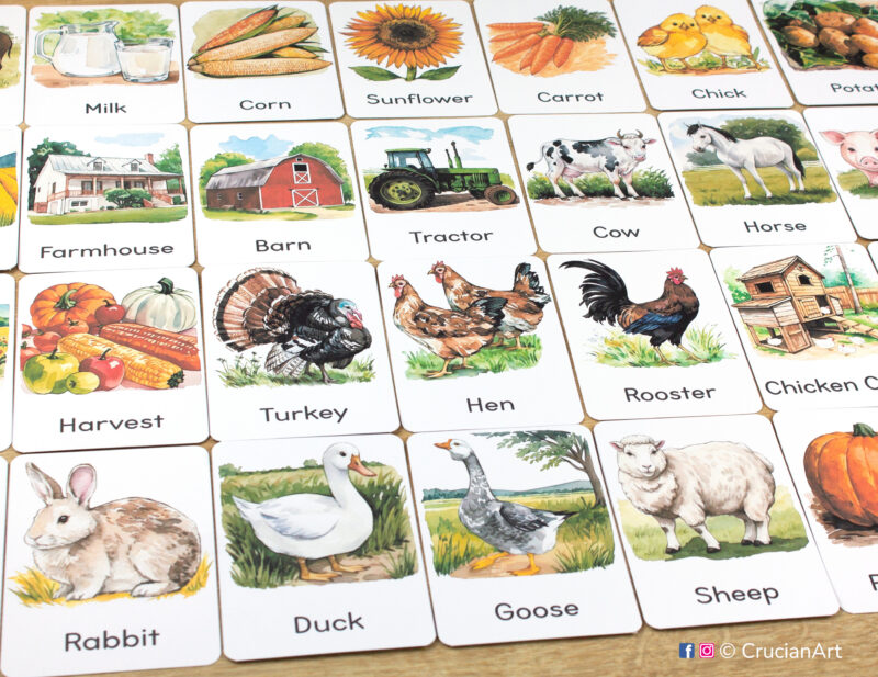 Set of Barnyard and Farmyard Life flashcards laid out on the table for learning activity: Rabbit, Goose, Sheep, Duck, Barn, Tractor, and Harvest
