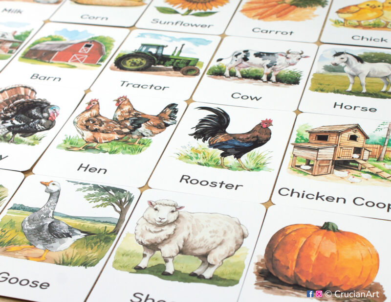 Set of printed Farm Animals and Barnyard Life theme three-part cards with watercolor illustrations of Sheep, Hen, Rooster, Chicken Coop, Goose, and Pumpkin
