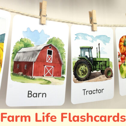 Barn, Tractor, Harvest and Field flashcards hanging on twine with small wooden clothespins. Spring curriculum classroom resources.