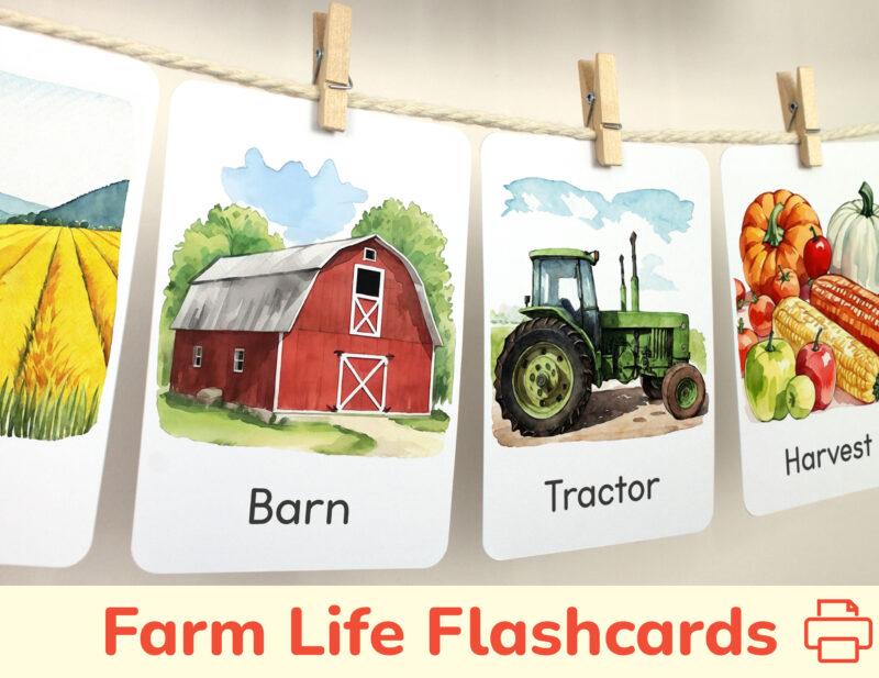 Barn, Tractor, Harvest and Field flashcards hanging on twine with small wooden clothespins. Spring curriculum classroom resources.