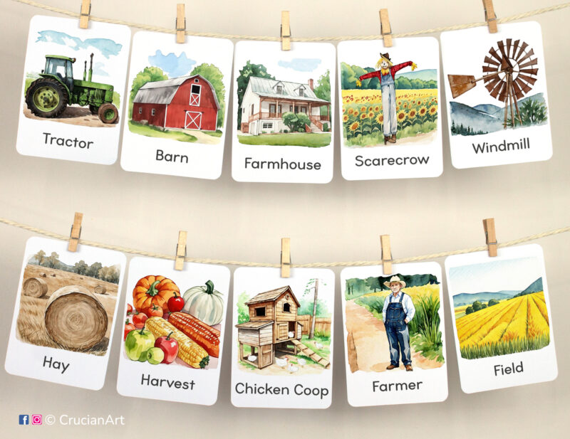 Set of Farm Life flashcards used as class or homeschool wall decor. Flash cards hang on twine with small wooden clothespins.