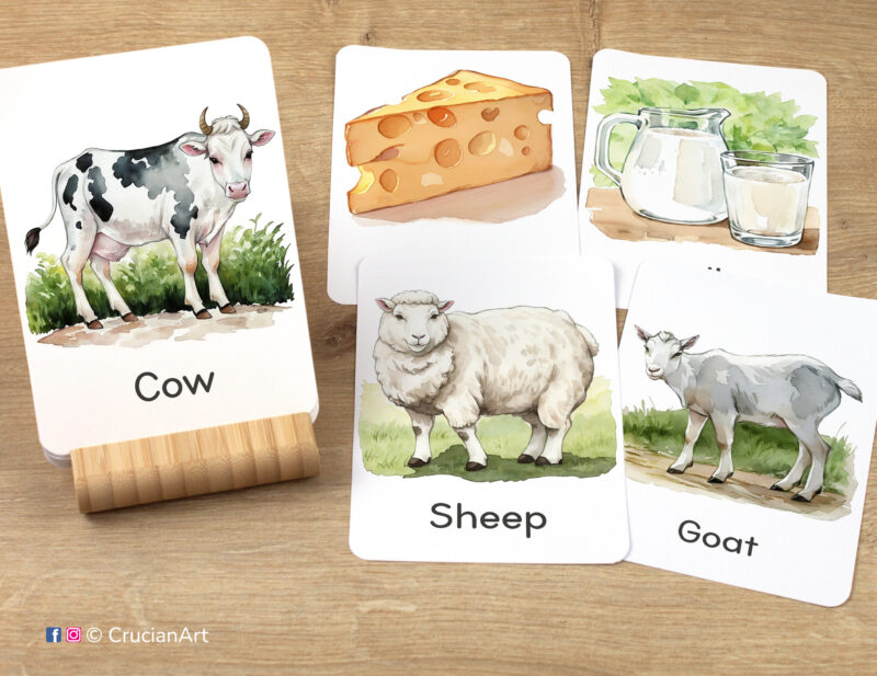 Farm Animals Unit Flashcards featuring images of Cow, Sheep, Goat, Milk, and Cheese, ready for educational activity.