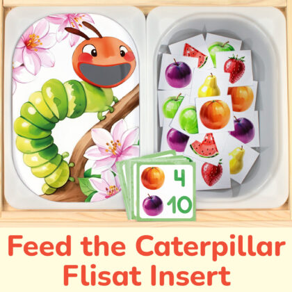 Very Hungry Caterpillar insert and fruits count and match pieces placed on Trofast boxes in IKEA Flisat children's sensory table