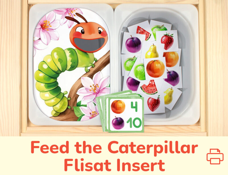 Very Hungry Caterpillar insert and fruits count and match pieces placed on Trofast boxes in IKEA Flisat children's sensory table