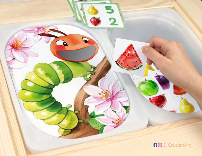 Feed the Hungry Caterpillar Sensory play for a daycare center. Classroom educational printable materials for a spring unit.