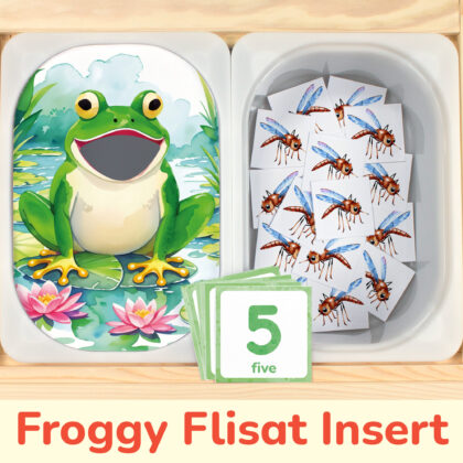Pond Life Game: Funny Frog insert and Mosquitoes counters placed on Trofast boxes in IKEA Flisat Children's Sensory Table