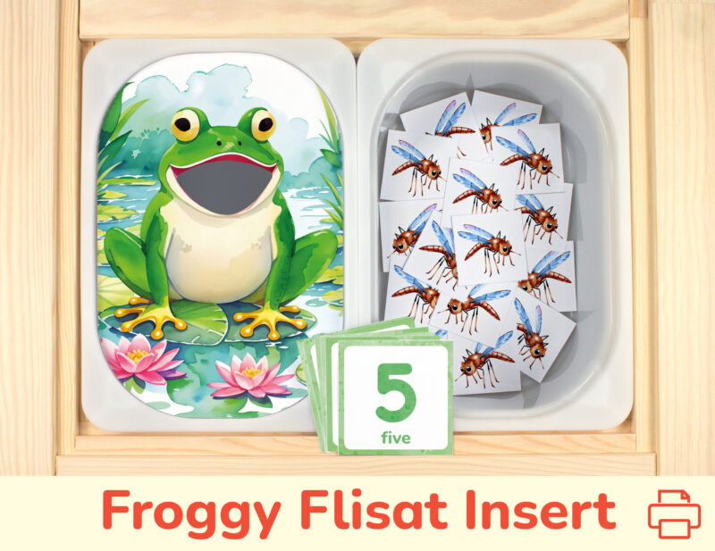 Pond Life Game: Funny Frog insert and Mosquitoes counters placed on Trofast boxes in IKEA Flisat Children's Sensory Table