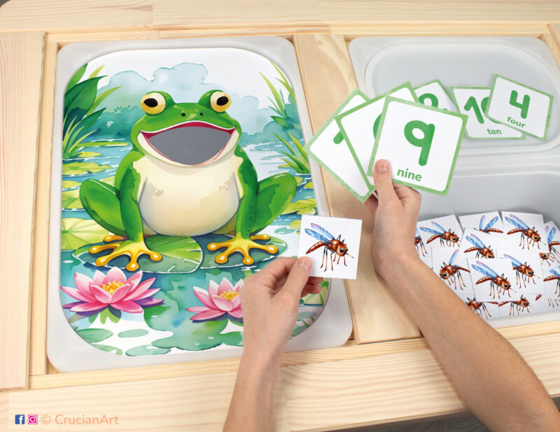Toddler sensory bins play: Spring Pond and Green Frog worksheet for an educational activity. DIY template inserted into IKEA Flisat table, with mosquito insects counters placed in the Trofast box.